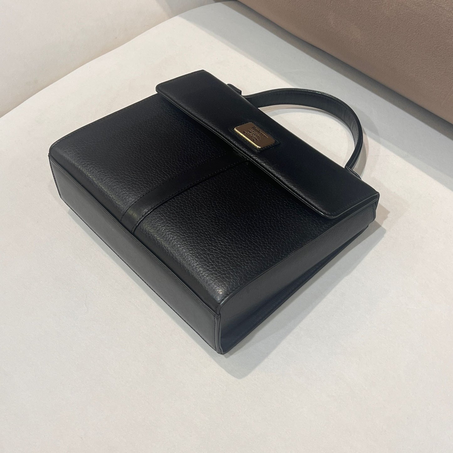 Burberry Vintage Black Grained Leather Top Handle Flap Handbag