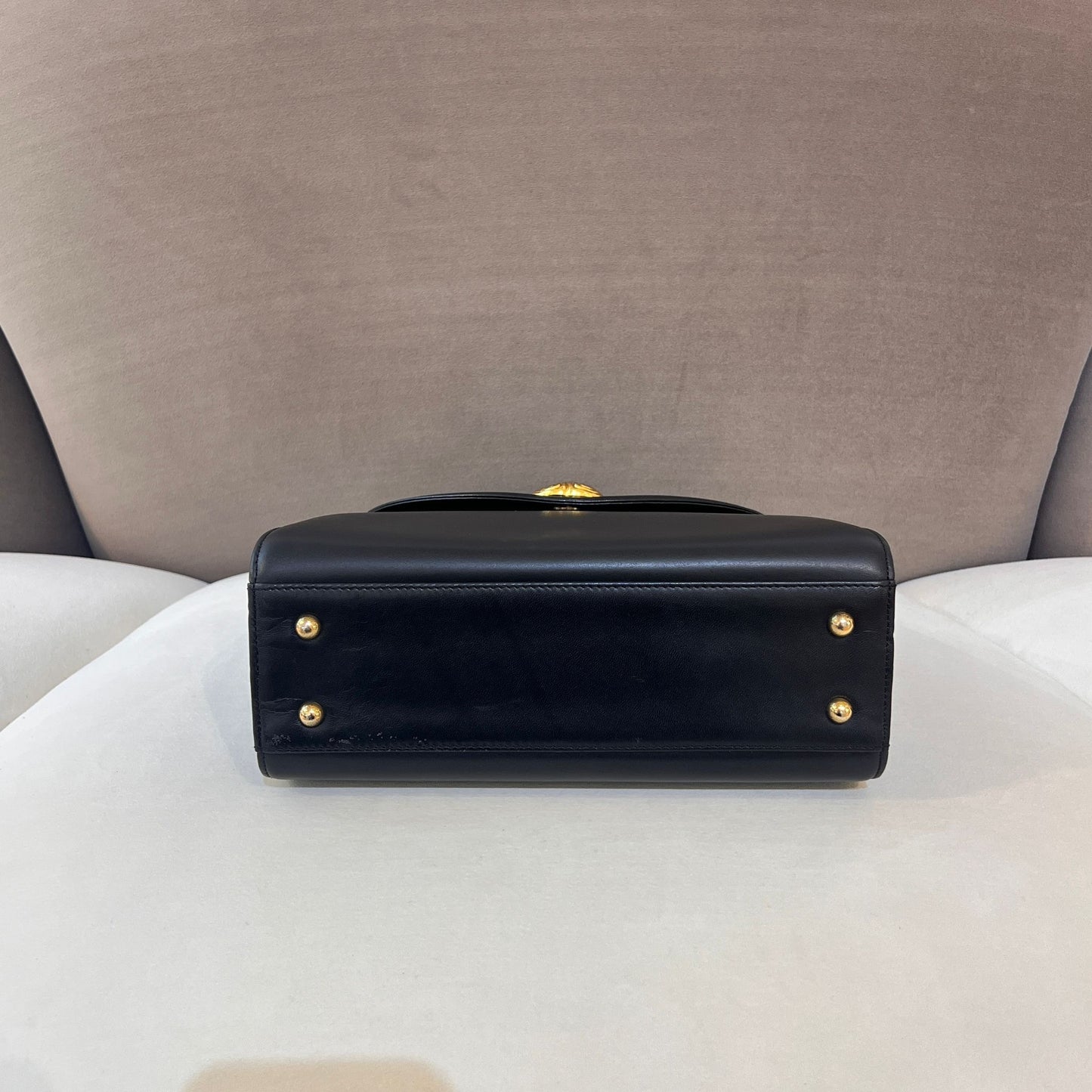 Givenchy Vintage Black Leather Gold Emblem Top Handle Bag