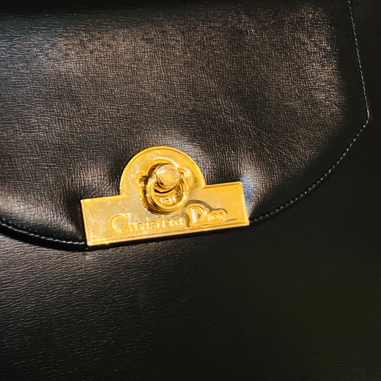 Christian Dior Vintage Black Smooth Leather Gold Logo Top Handle Bag