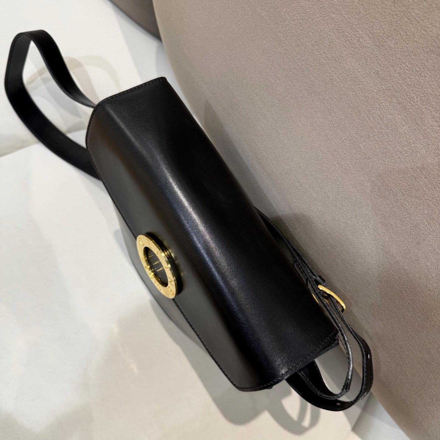 Celine Vintage Black Leather Circle Logo Shoulder Bag