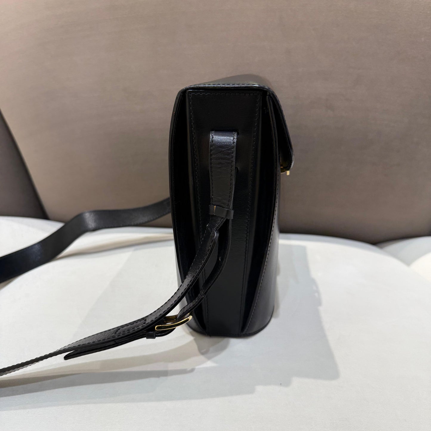 Celine Vintage Black Leather Circle Logo Shoulder Bag