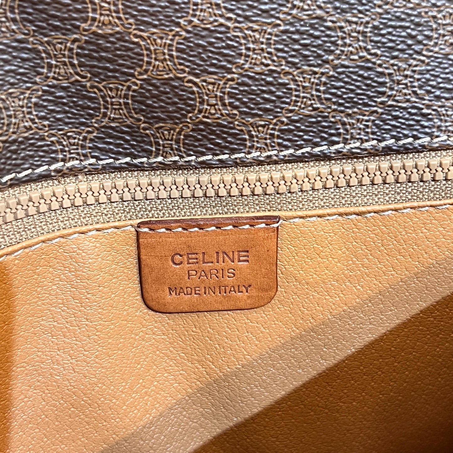 Celine Vintage Macadam Brown Canvas Shoulder Bag With Gold Hardware