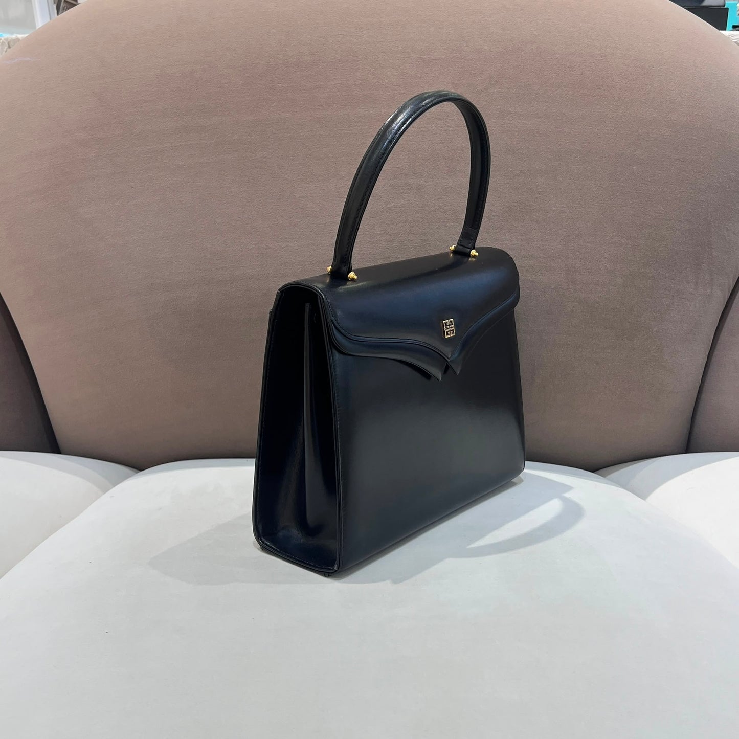 Givenchy Vintage Black Leather Structured Top Handle Handbag