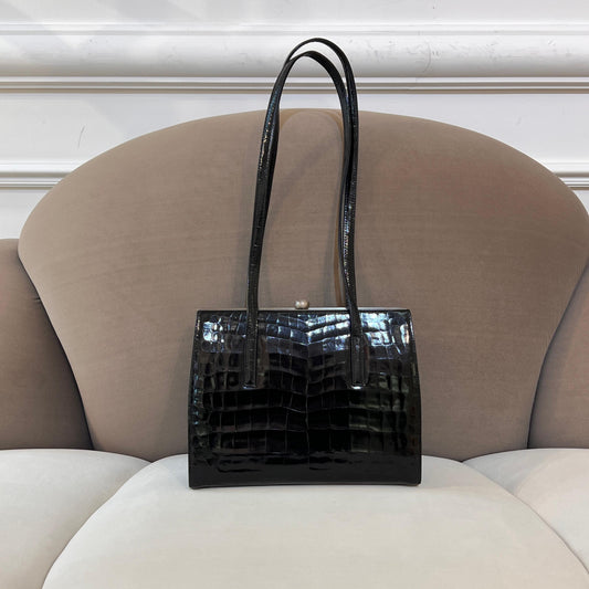 Versace Vintage Black Crocodile-Embossed Leather Tote Bag With Clasp Closure