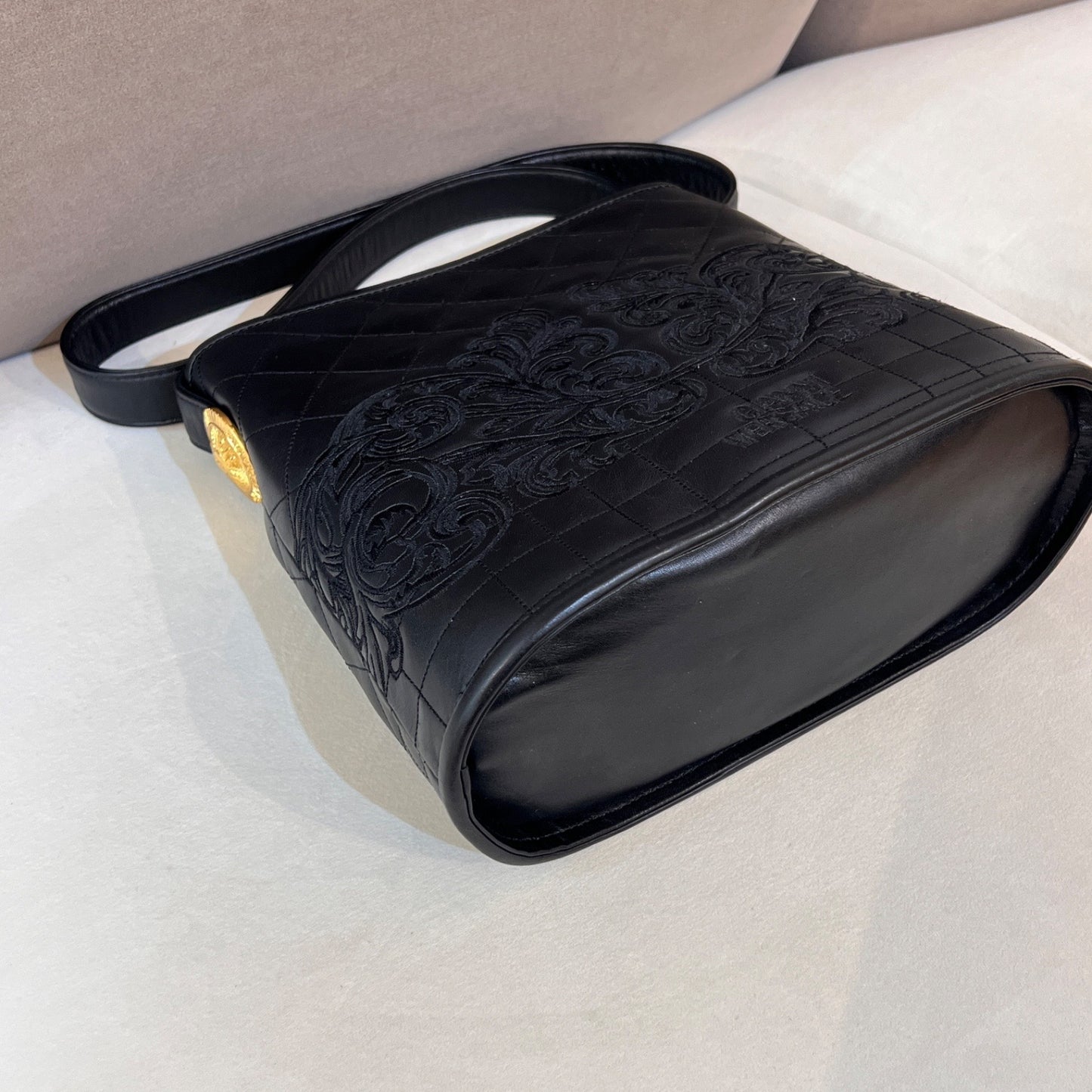 Versace Vintage Quilted Leather Baroque Bucket Shoulder Bag Black