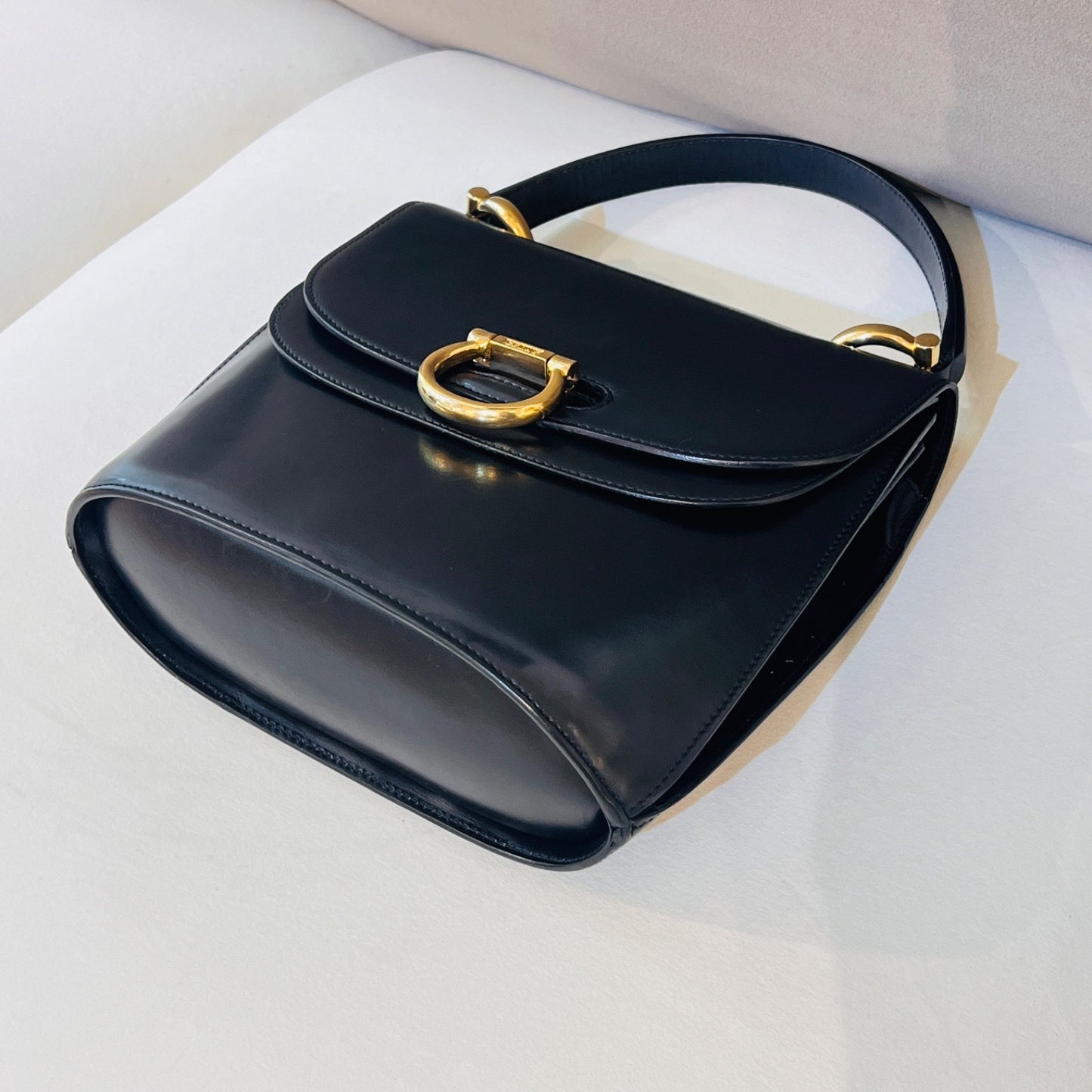 Celine Vintage Black Leather Gancini Closure Top Handle Bag