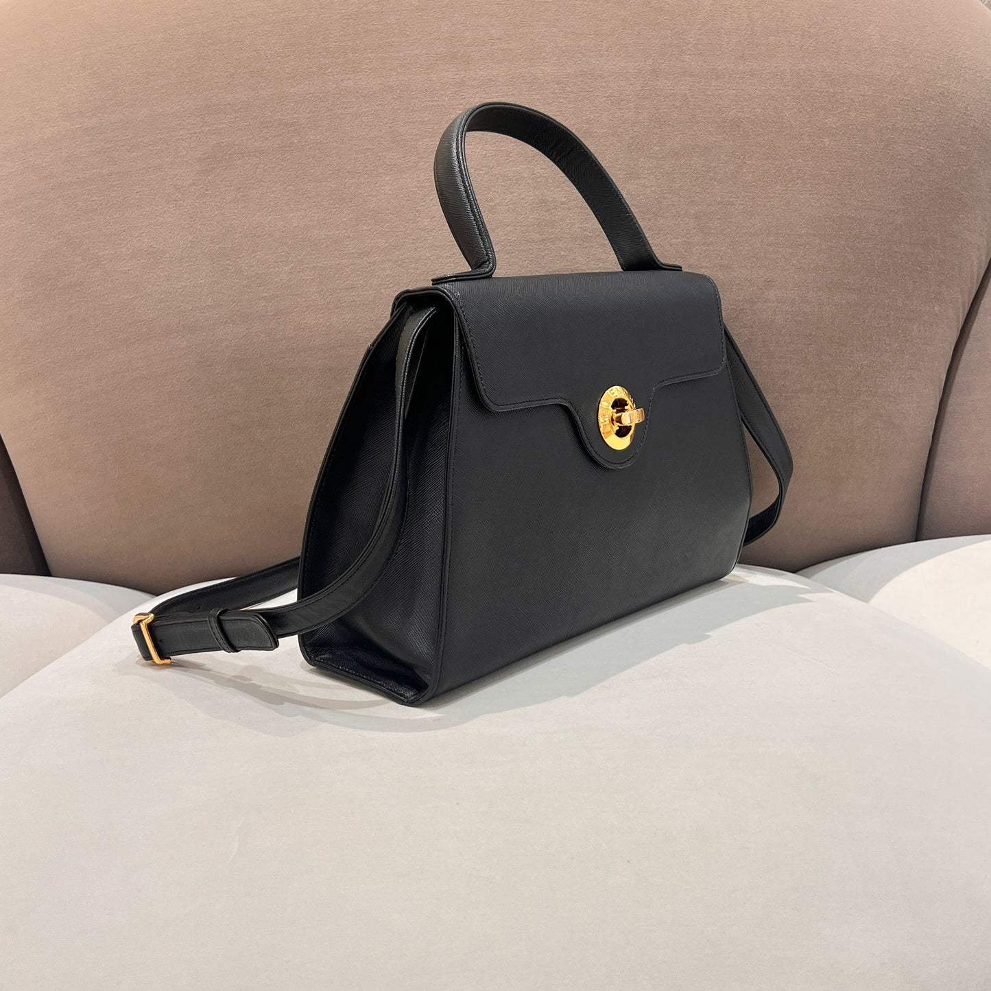 Givenchy Vintage Black Leather Turn Lock 2-Way Top Handle Bag