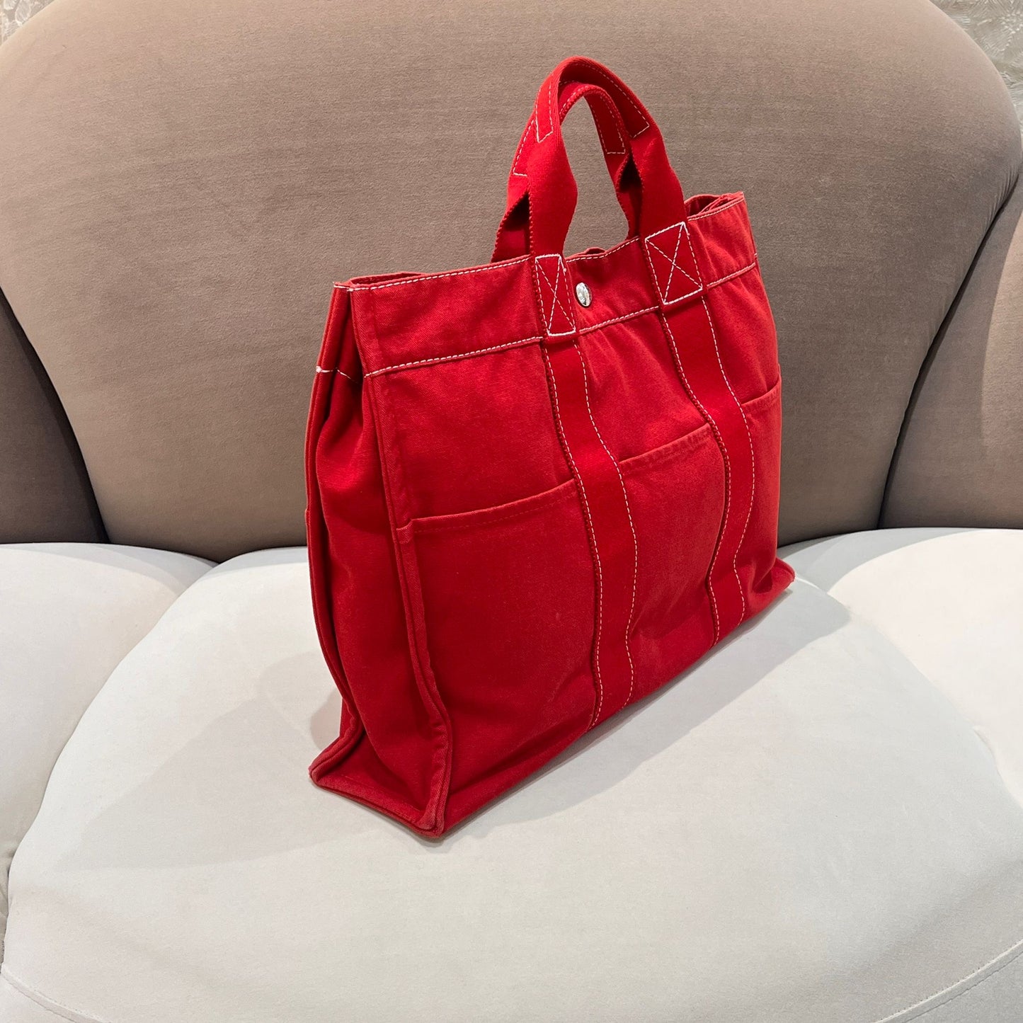 Hermes Deauville Mm Red Canvas Tote Bag