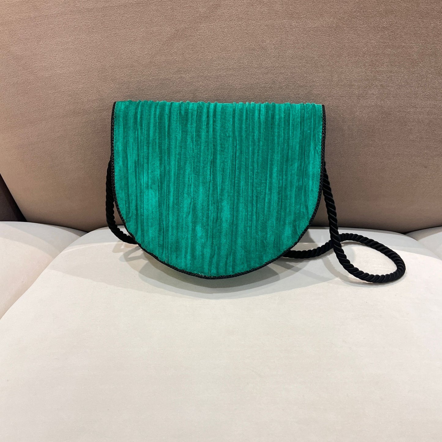 Christian Dior Vintage Emerald Pleated Silk Half Moon Shoulder Bag