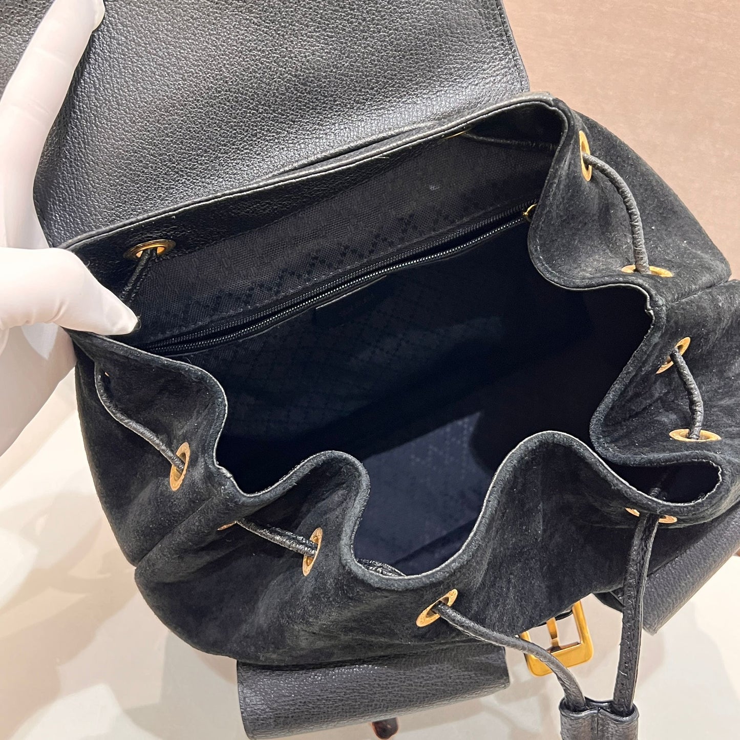 Gucci Vintage Black Suede Bamboo Backpack