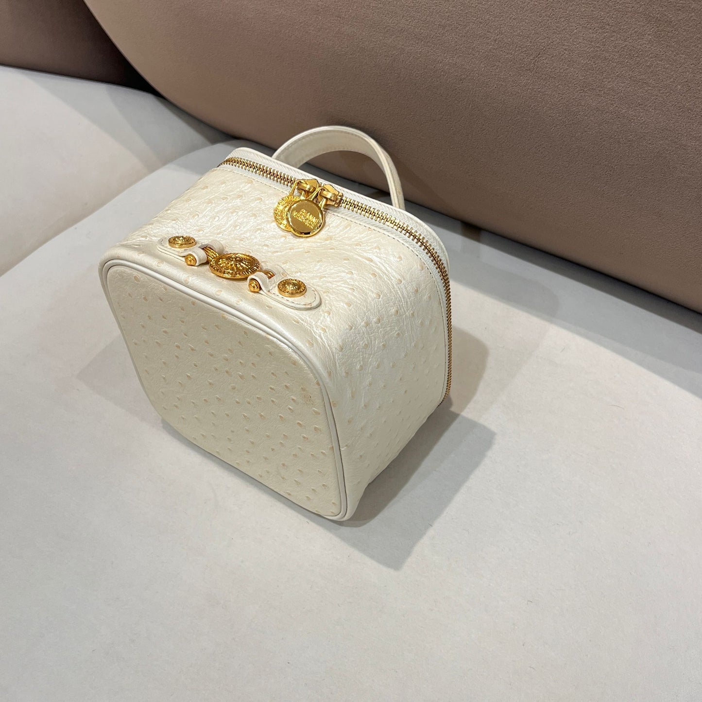 Versace Vintage Ivory Ostrich Leather Medusa Vanity Top Handle Bag