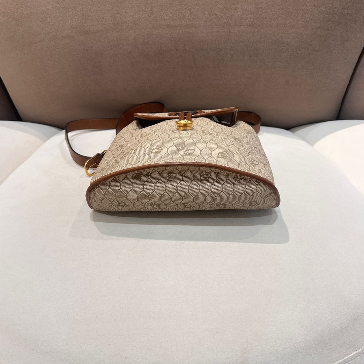Christian Dior Vintage Honeycomb Pvc Brown Leather Drawstring Backpack