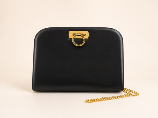 Vintage Ferragamo black leather Gancini shoulder bag with gold chain