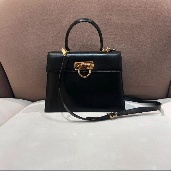 Ferragamo Vintage black Gancini two-way top handle bag – front view