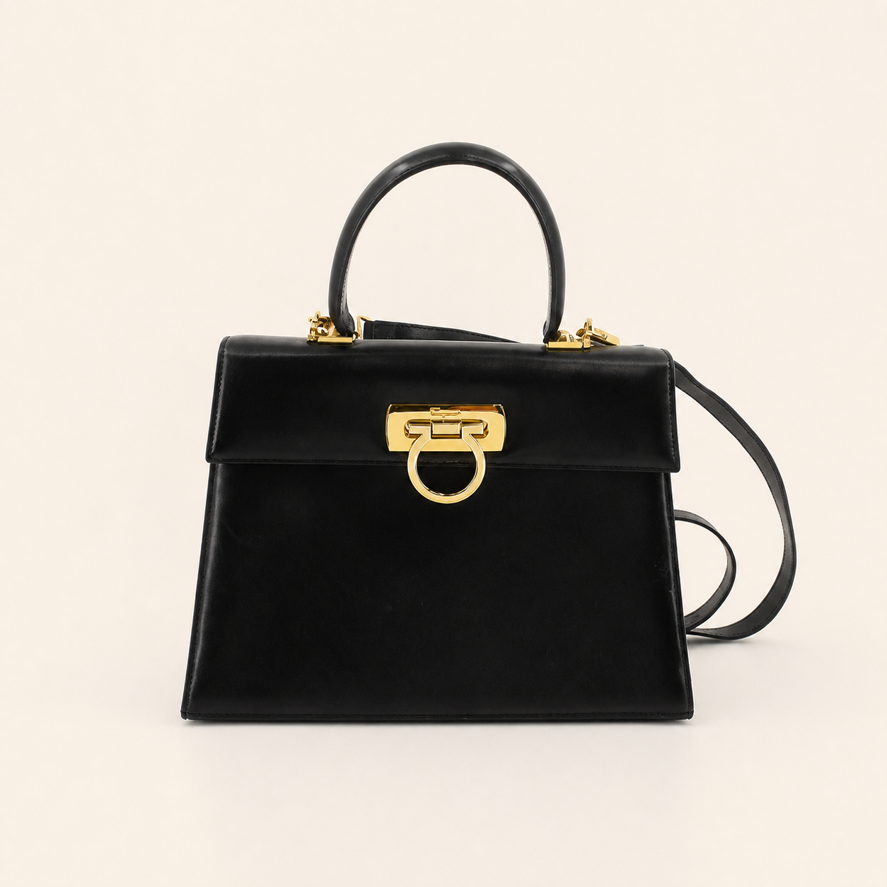 Vintage Ferragamo black leather Gancini two-way top handle bag