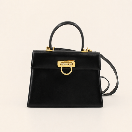 Vintage Ferragamo black leather Gancini two-way top handle bag