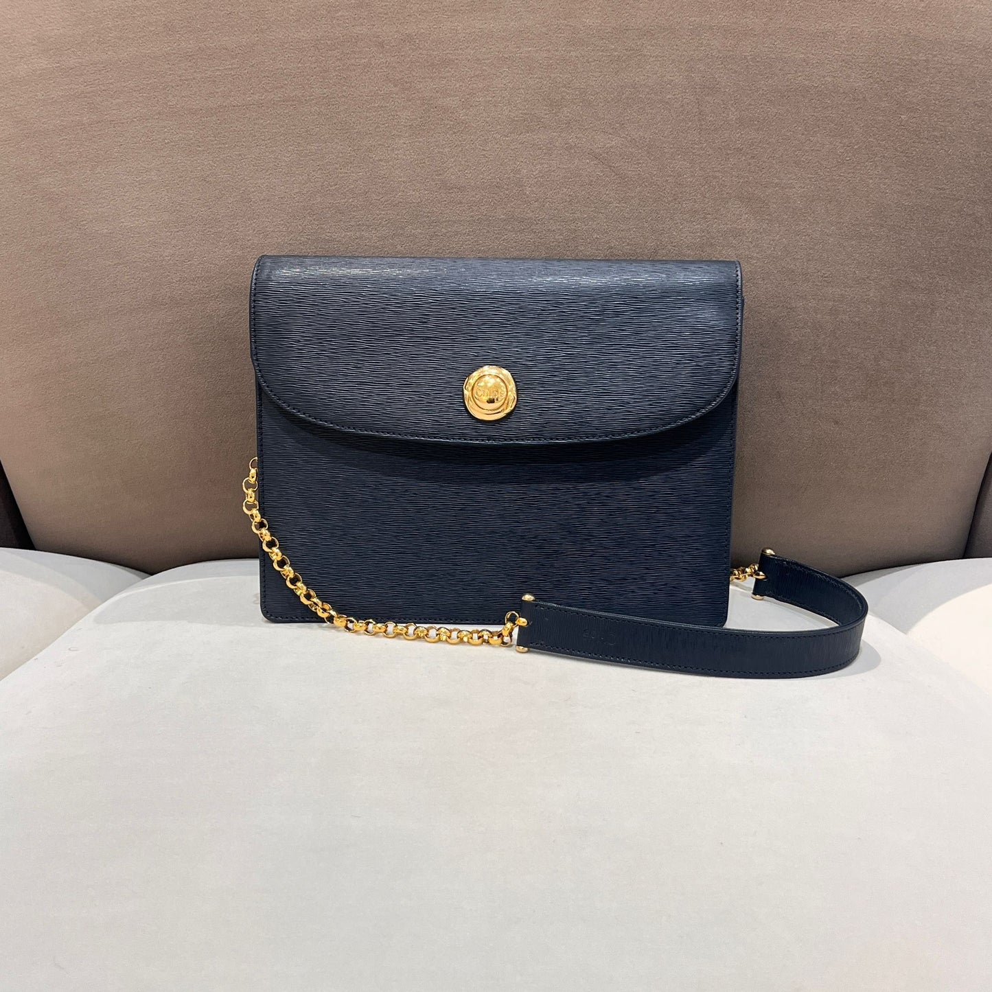 Chloé Vintage Navy Leather Gold Logo Shoulder Bag
