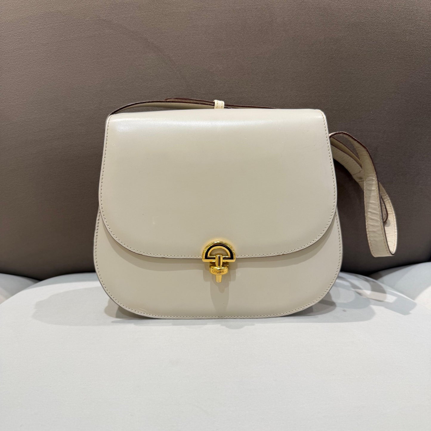 Celine Vintage Golden Lock Light Beige Leather Shoulder Bag