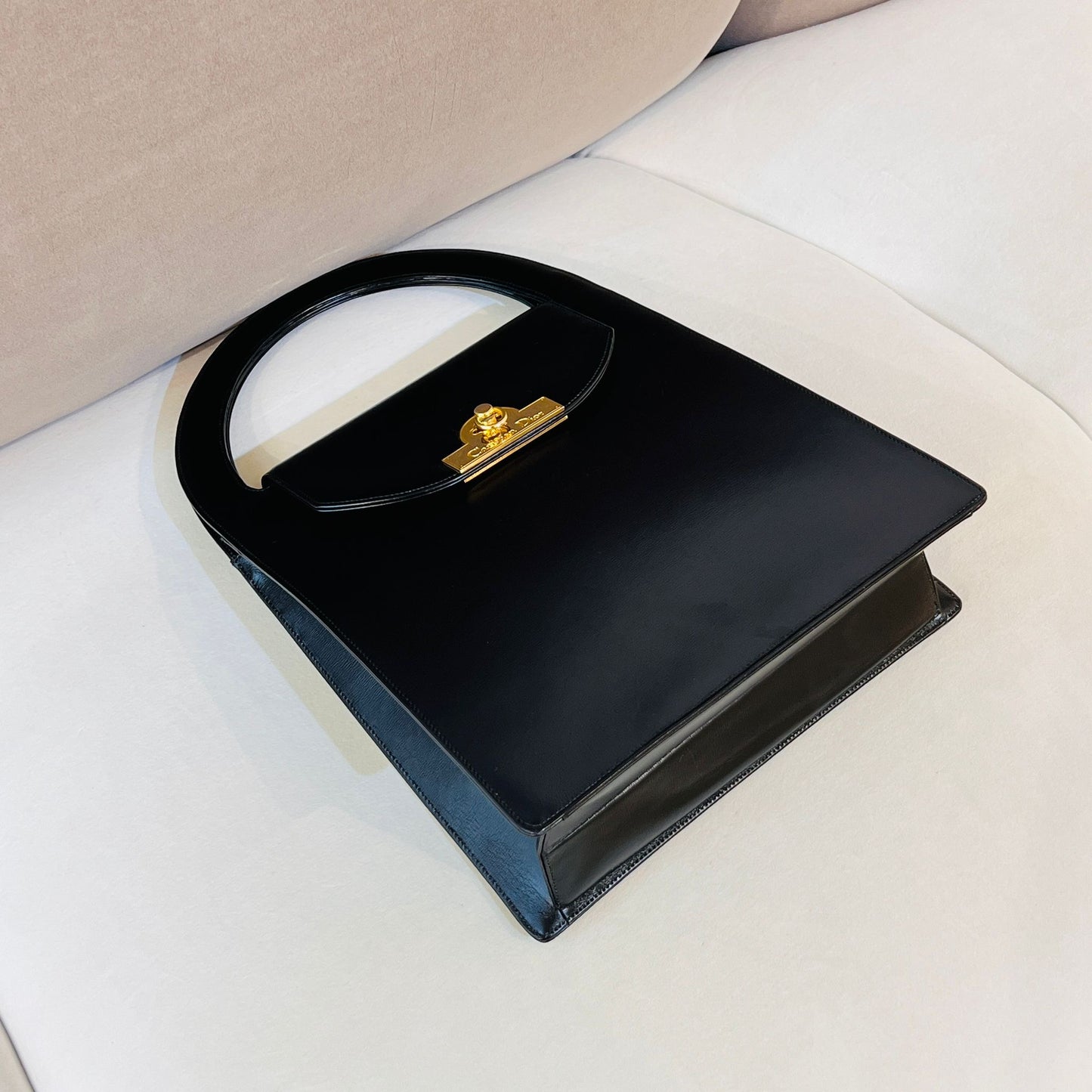 Christian Dior Vintage Black Smooth Leather Gold Logo Top Handle Bag