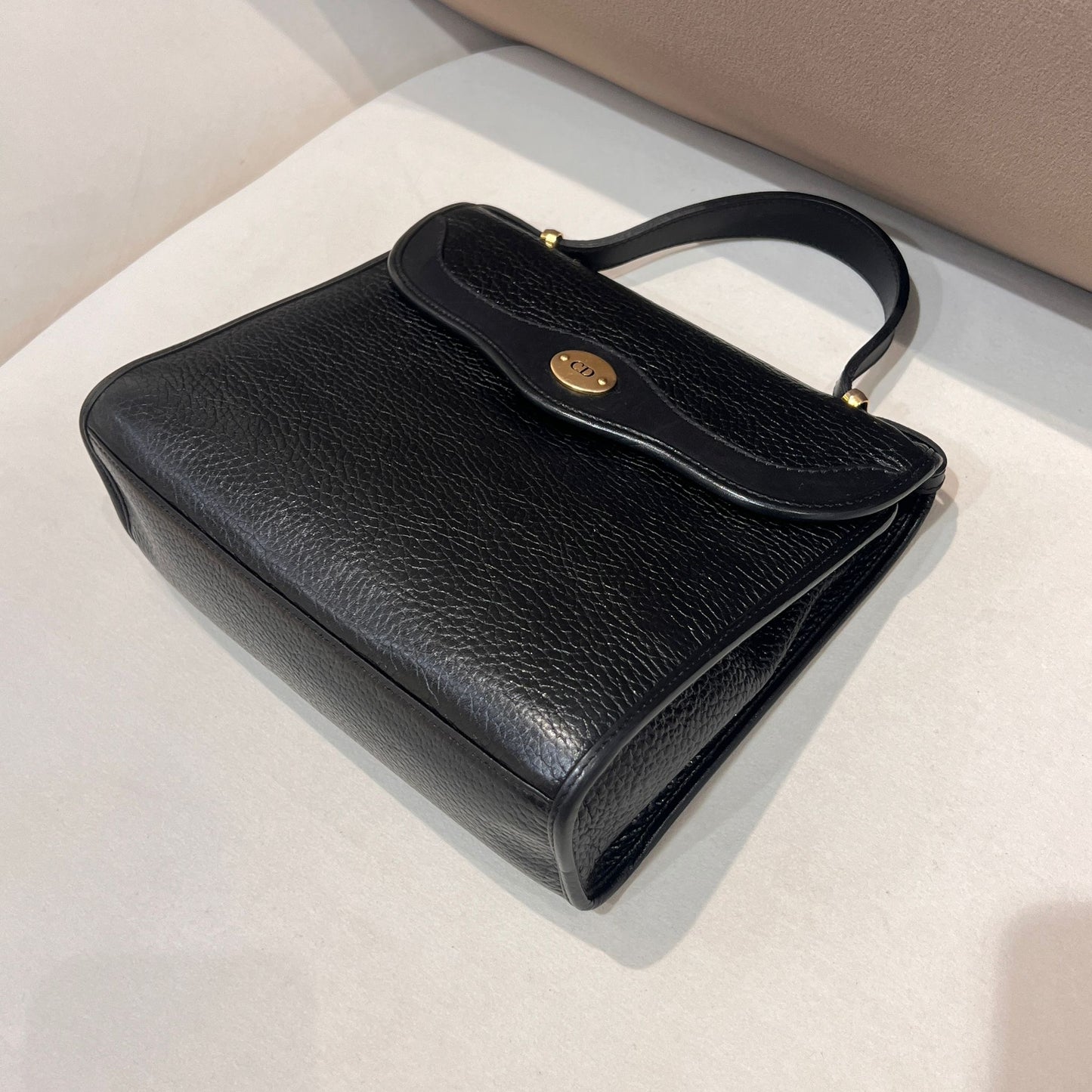 Christian Dior Vintage Black Grained Leather Top Handle Handbag With Oval Logo Clasp