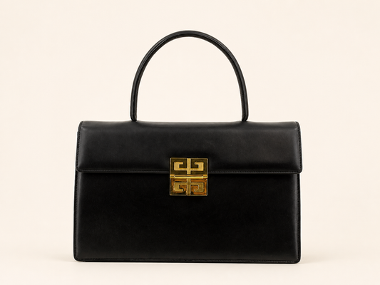 Vintage Givenchy black leather top handle handbag with gold 4G clasp
