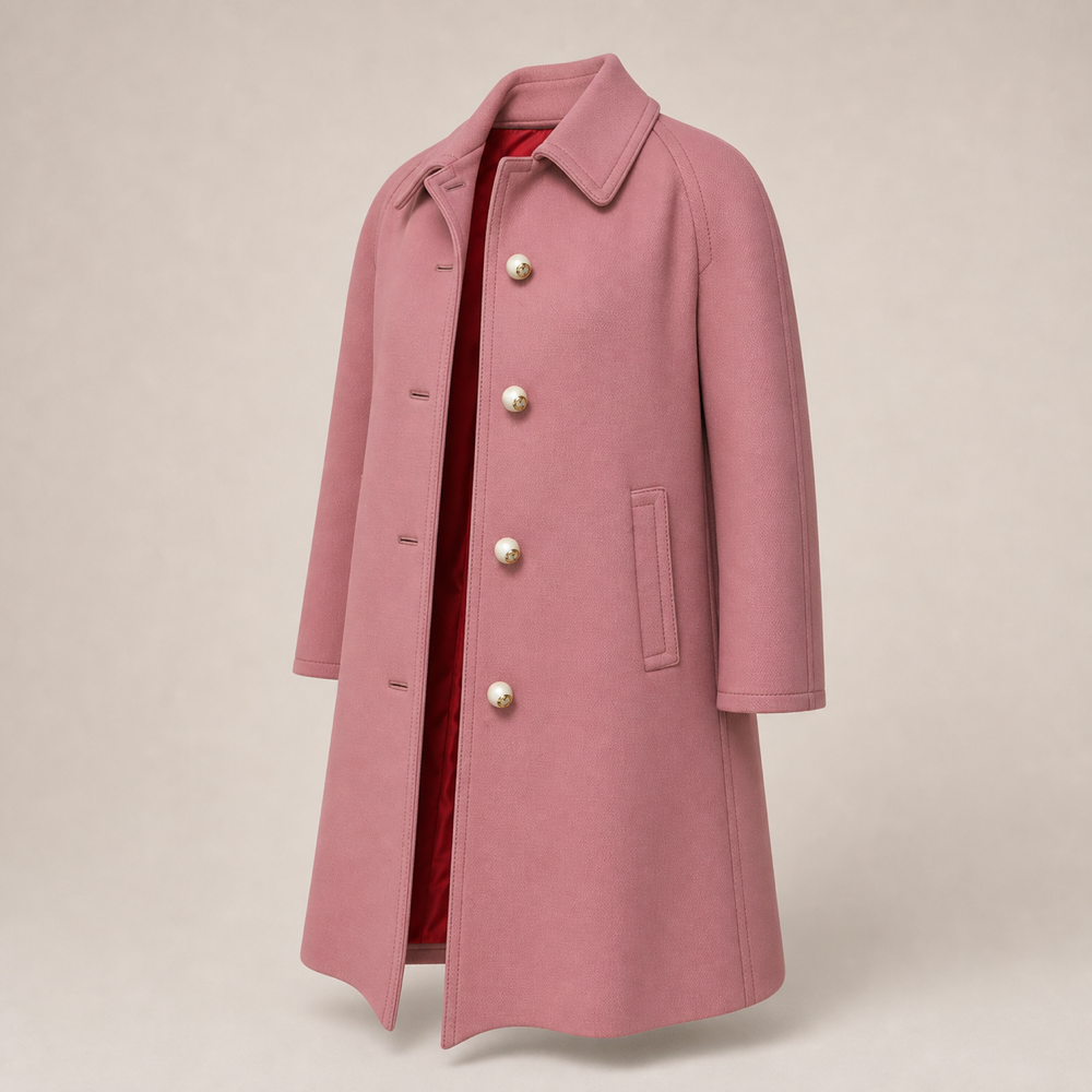 Gucci dusty pink coat with pearl GG buttons left front view