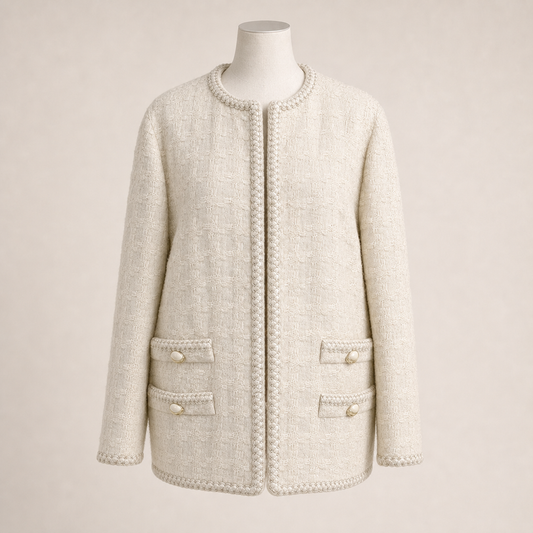 Gucci vintage cream tweed collarless jacket front view