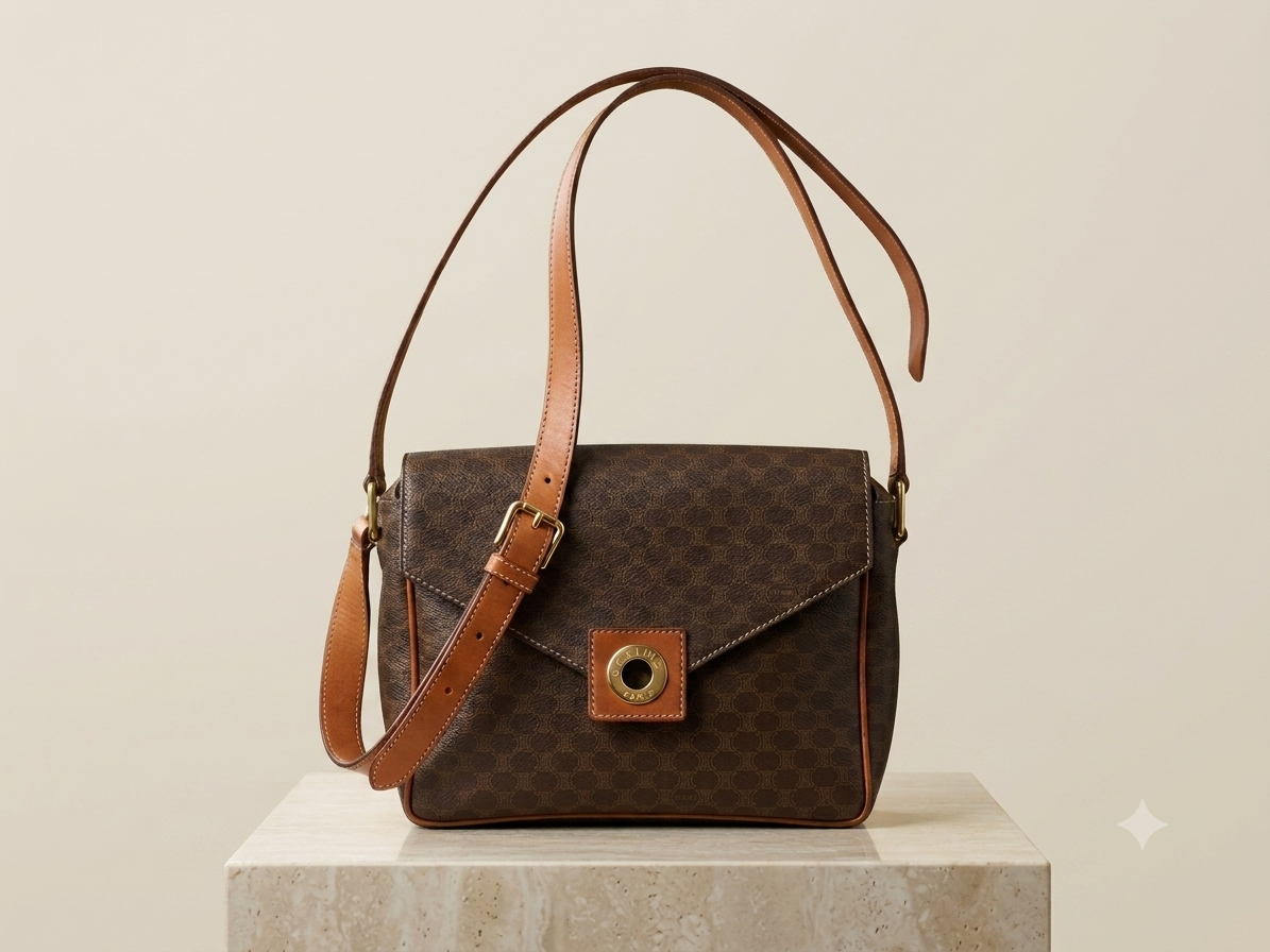 Celine Vintage Brown Macadam Coated Canvas Leather Trim Shoulder Bag