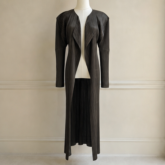 Issey Miyake vintage dark brown pleat long jacket front view