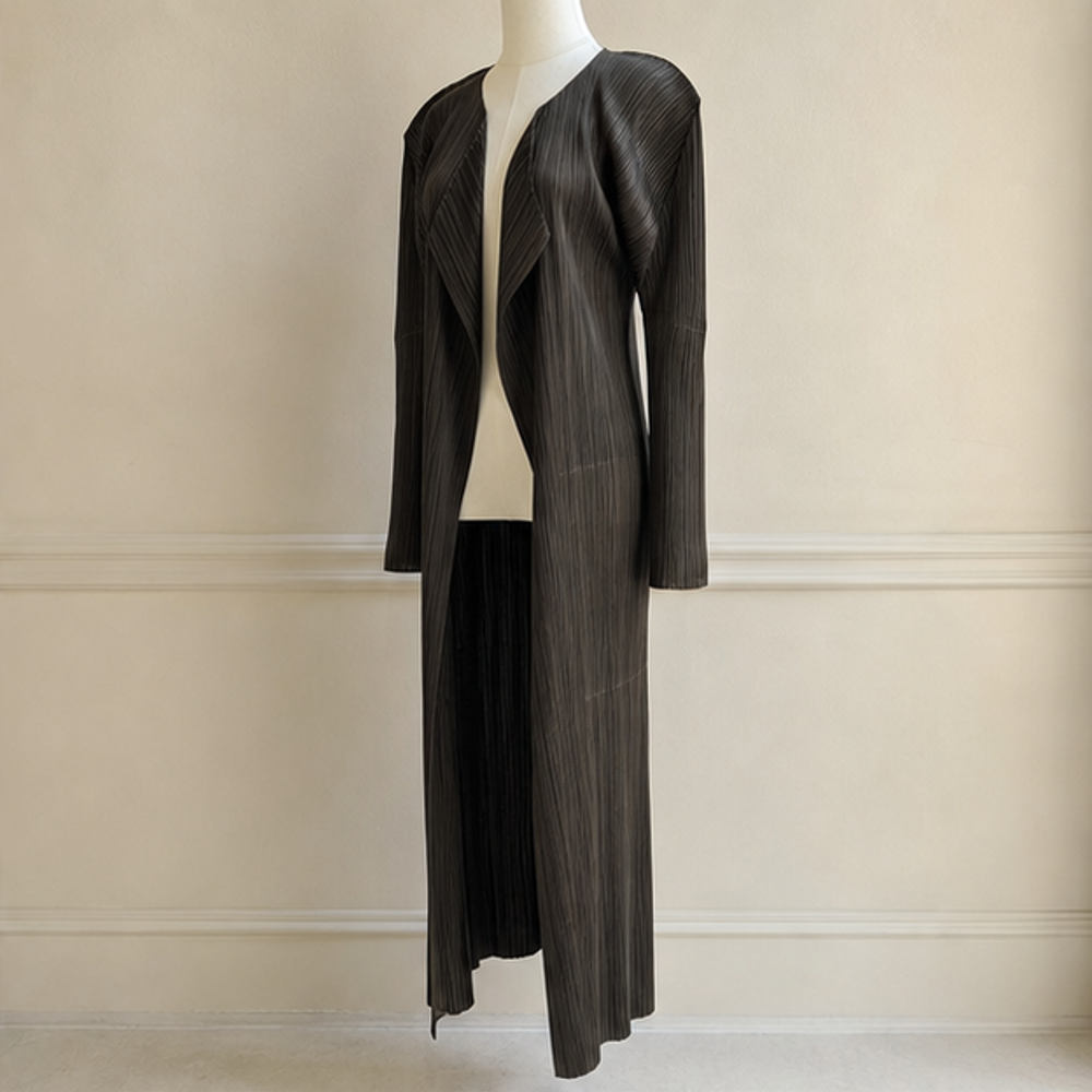 Issey Miyake vintage dark brown pleat long jacket left front view