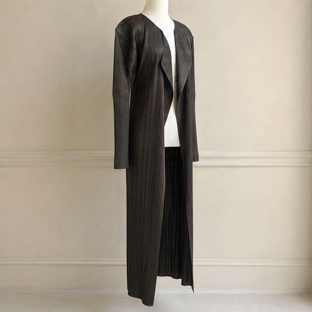 Issey Miyake vintage dark brown pleat long jacket right front view