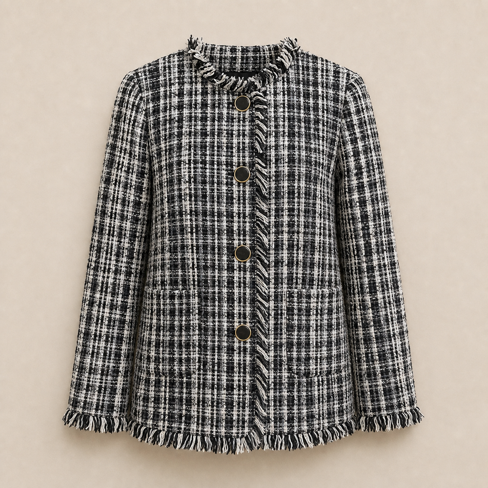 Kate Spade black and white checkered cotton tweed jacket front view