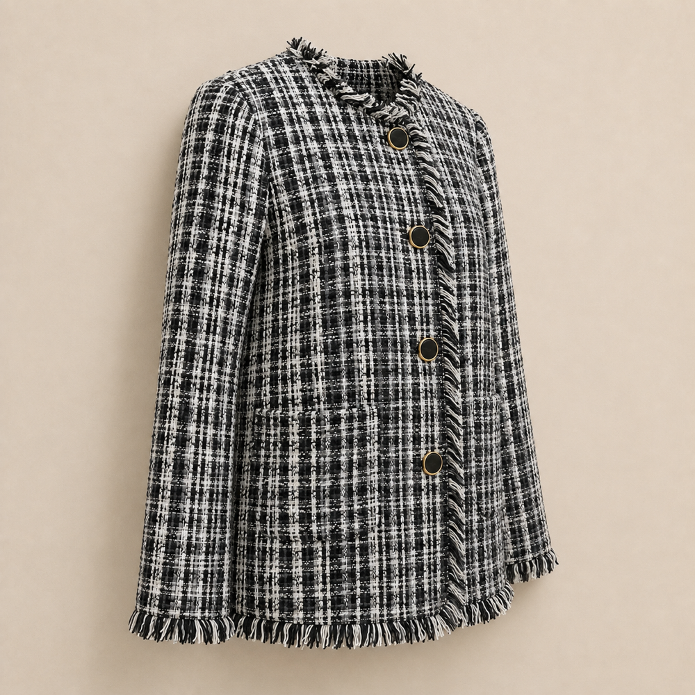 Kate Spade black and white checkered cotton tweed jacket left front view