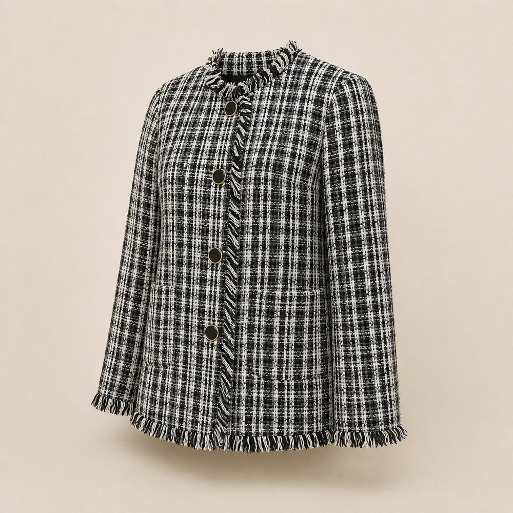 Kate Spade black and white checkered cotton tweed jacket right front view