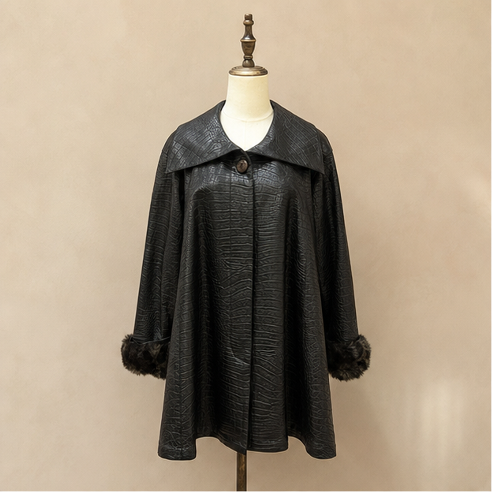 Christian Dior vintage Miss Dior black crocodile embossed coat with fur cuffs front view