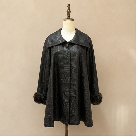 Christian Dior vintage Miss Dior black crocodile embossed coat with fur cuffs front view