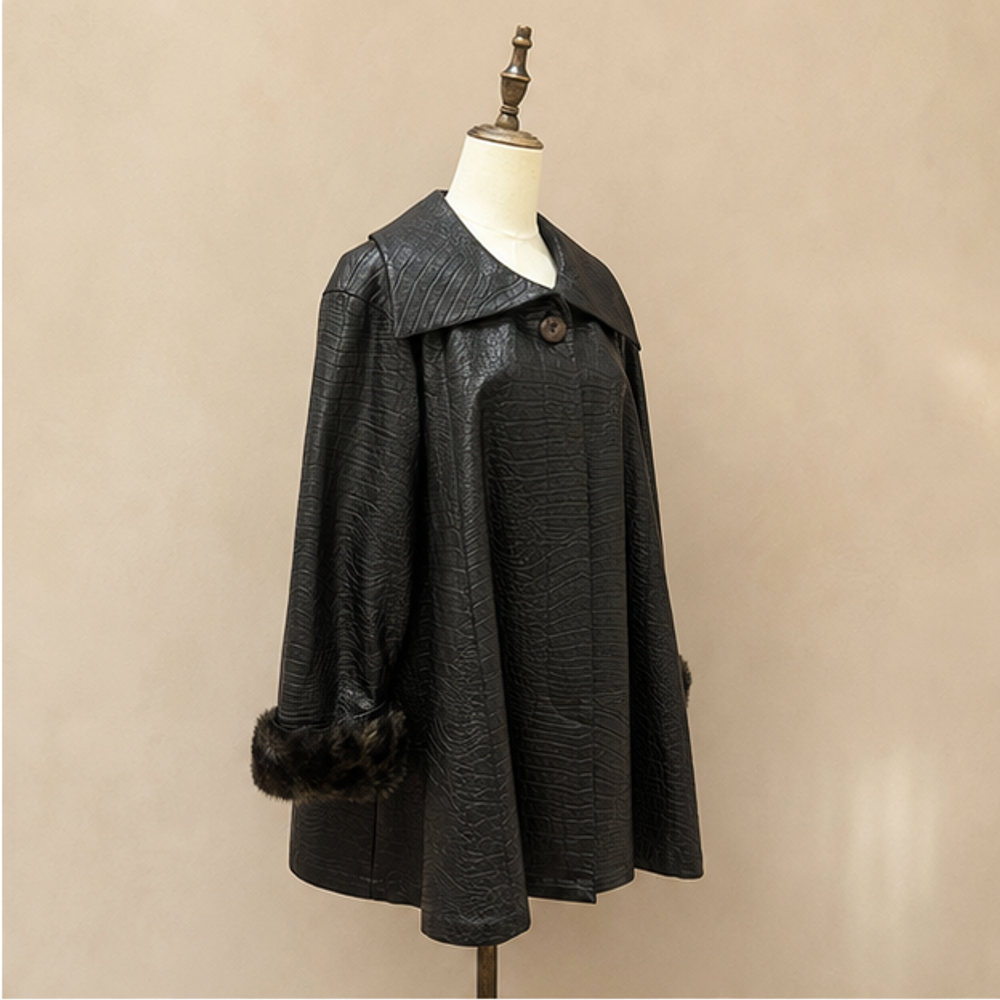 Christian Dior vintage Miss Dior black crocodile embossed coat with fur cuffs left front view
