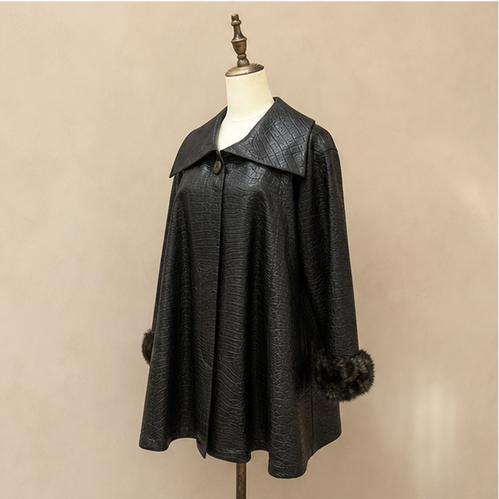 Christian Dior vintage Miss Dior black crocodile embossed coat with fur cuffs right front view