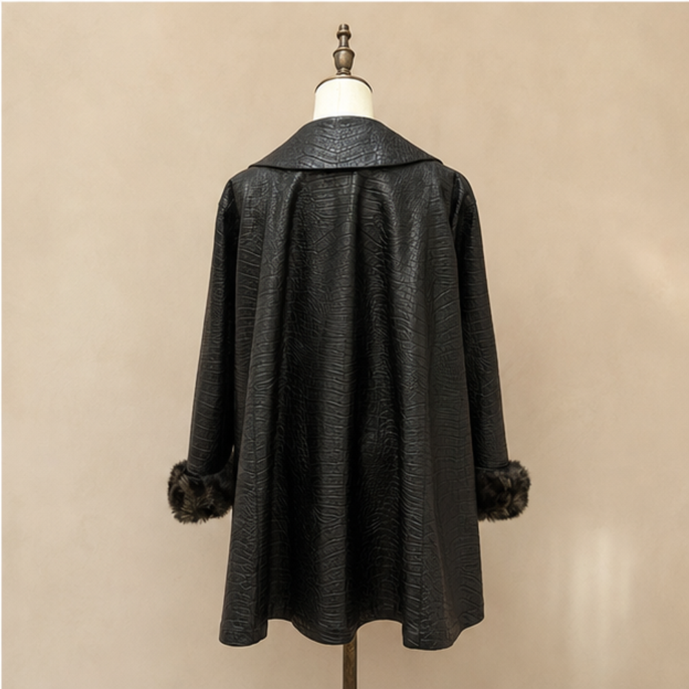 Christian Dior vintage Miss Dior black crocodile embossed coat with fur cuffs back view