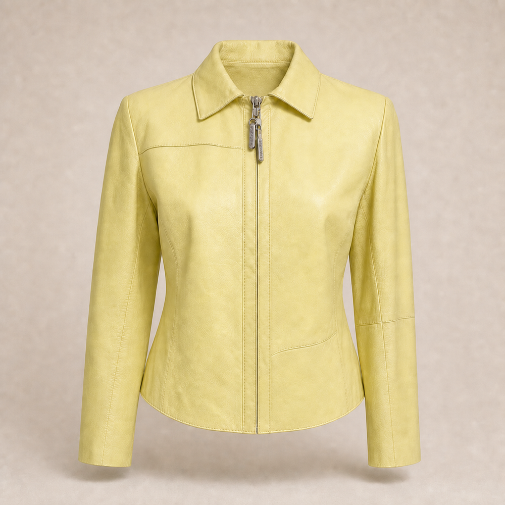 Valentino Miss V vintage lemon yellow leather cropped jacket front view with authentic double zipper hardware