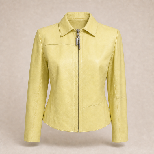 Valentino Miss V vintage lemon yellow leather cropped jacket front view with authentic double zipper hardware