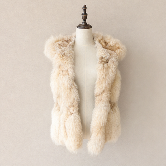 Vintage cream fox fur hooded sleeveless vest front view