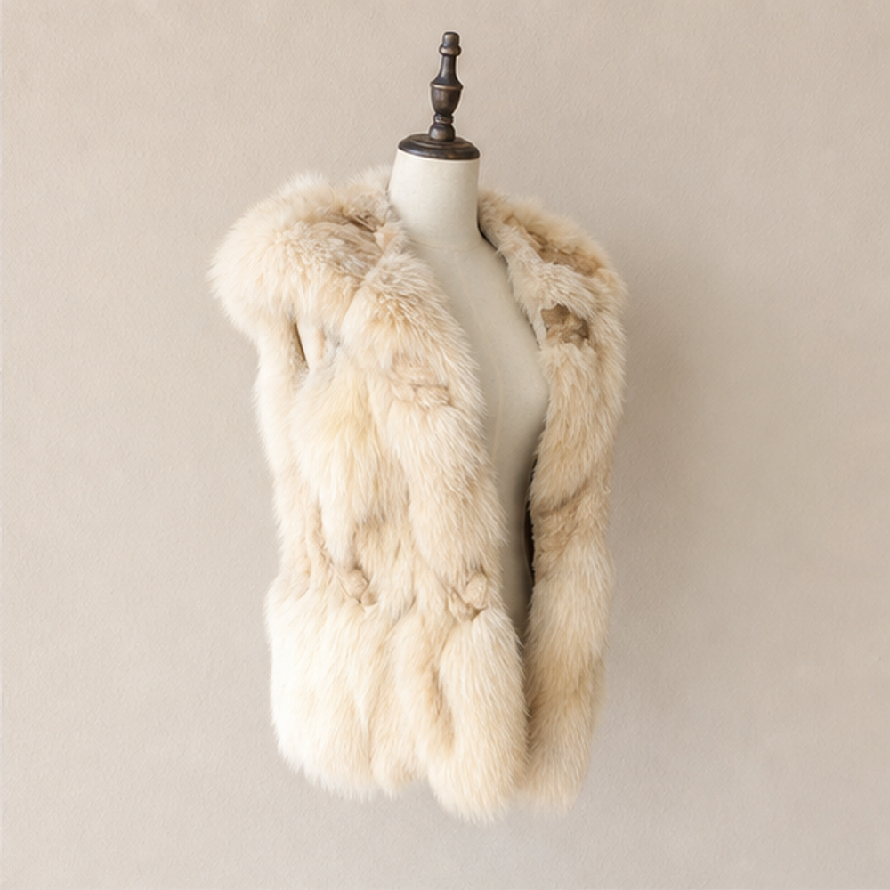 Vintage cream fox fur hooded sleeveless vest left front view
