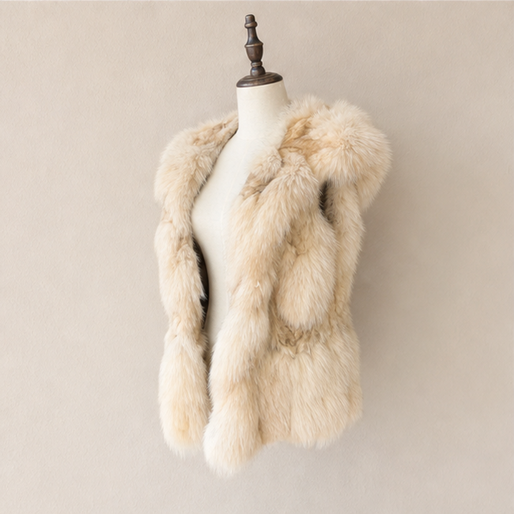 Vintage cream fox fur hooded sleeveless vest right front view