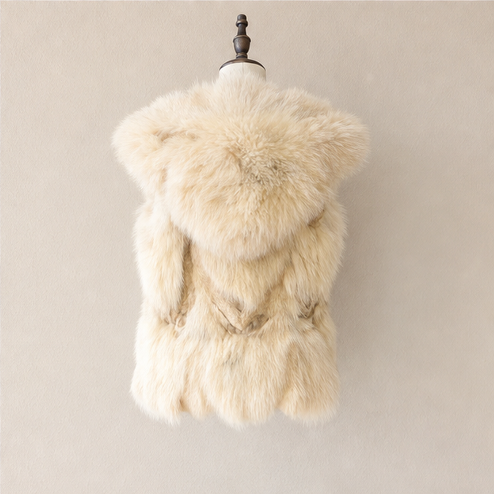 Vintage cream fox fur hooded sleeveless vest back view
